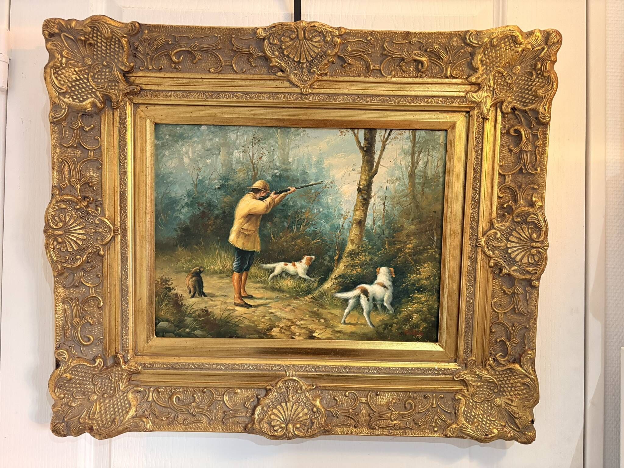 Tableau Peinture Huile Panneau HSP EDWARD WEBB Chasse Cour Chien Forêt