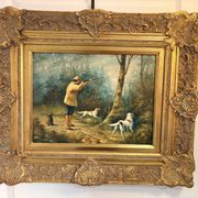 Tableau Peinture Huile Panneau HSP EDWARD WEBB Chasse Cour Chien Forêt