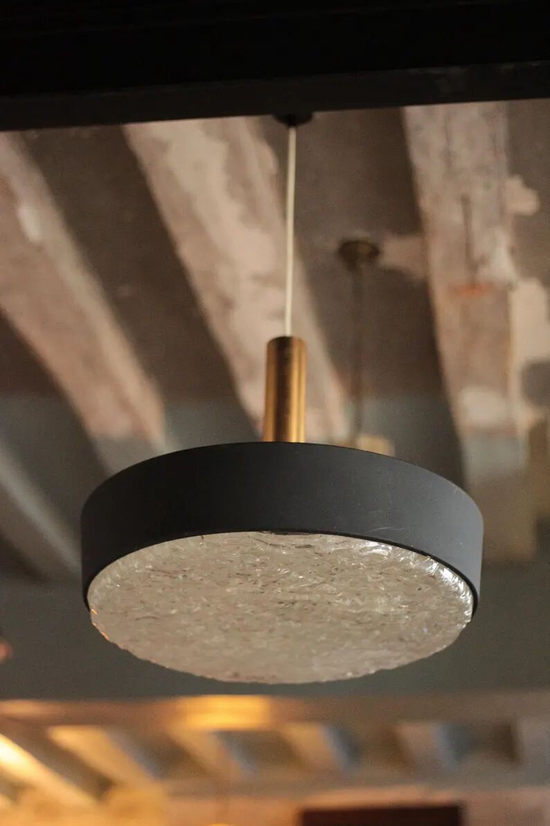 Jean Gandelin suspension in black lacquered sheet metal, white metal, brass, and diffuser in Cristalux/etched Plexiglas.