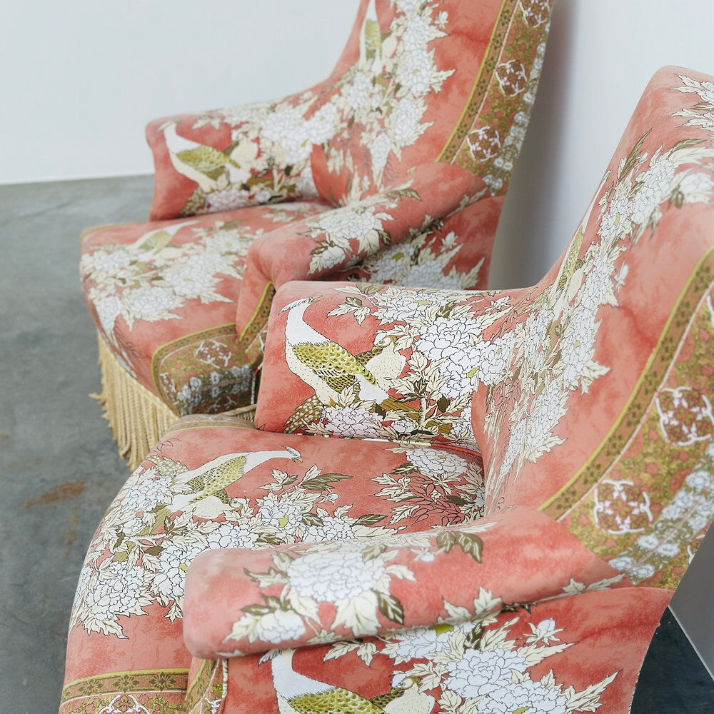 Exquisite pair of upholstered slipper lounge chairs depicting pheasants and peonies