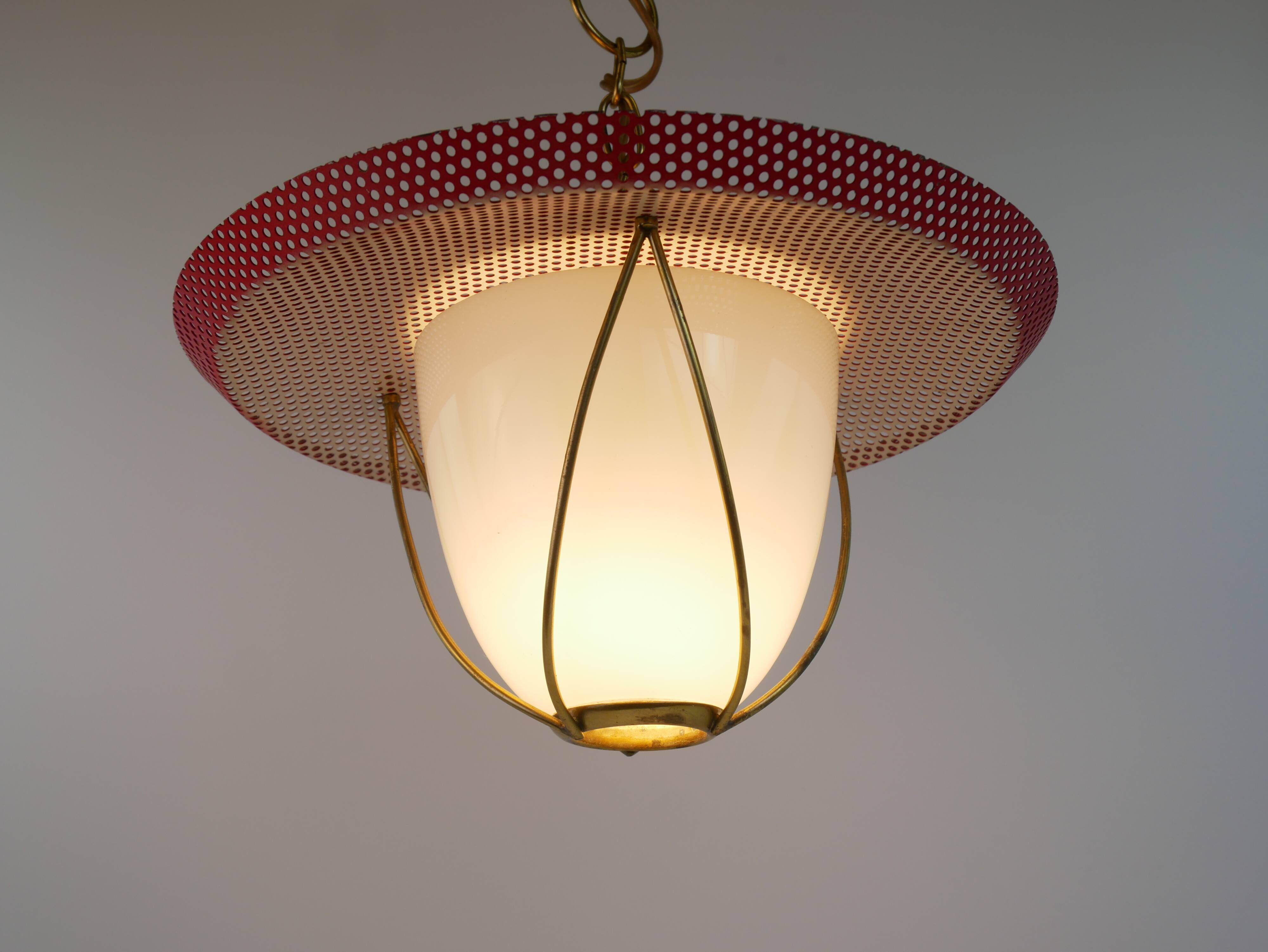 Suspension in perforated red lacquered metal, brass and opaline in the style of Mathieu Matégot