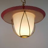 Suspension in perforated red lacquered metal, brass and opaline in the style of Mathieu Matégot