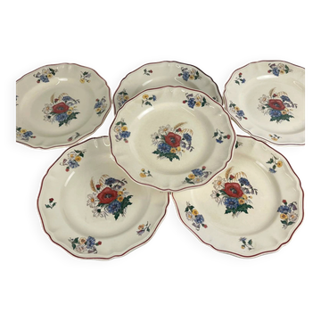 Set of 6 flat/semi-deep plates "Agreste" Sarreguemines, 20th century