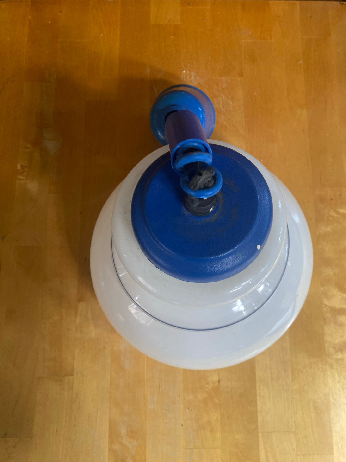 Vintage 1970s White Opaline Suspension Light with Blue Raise & Lower