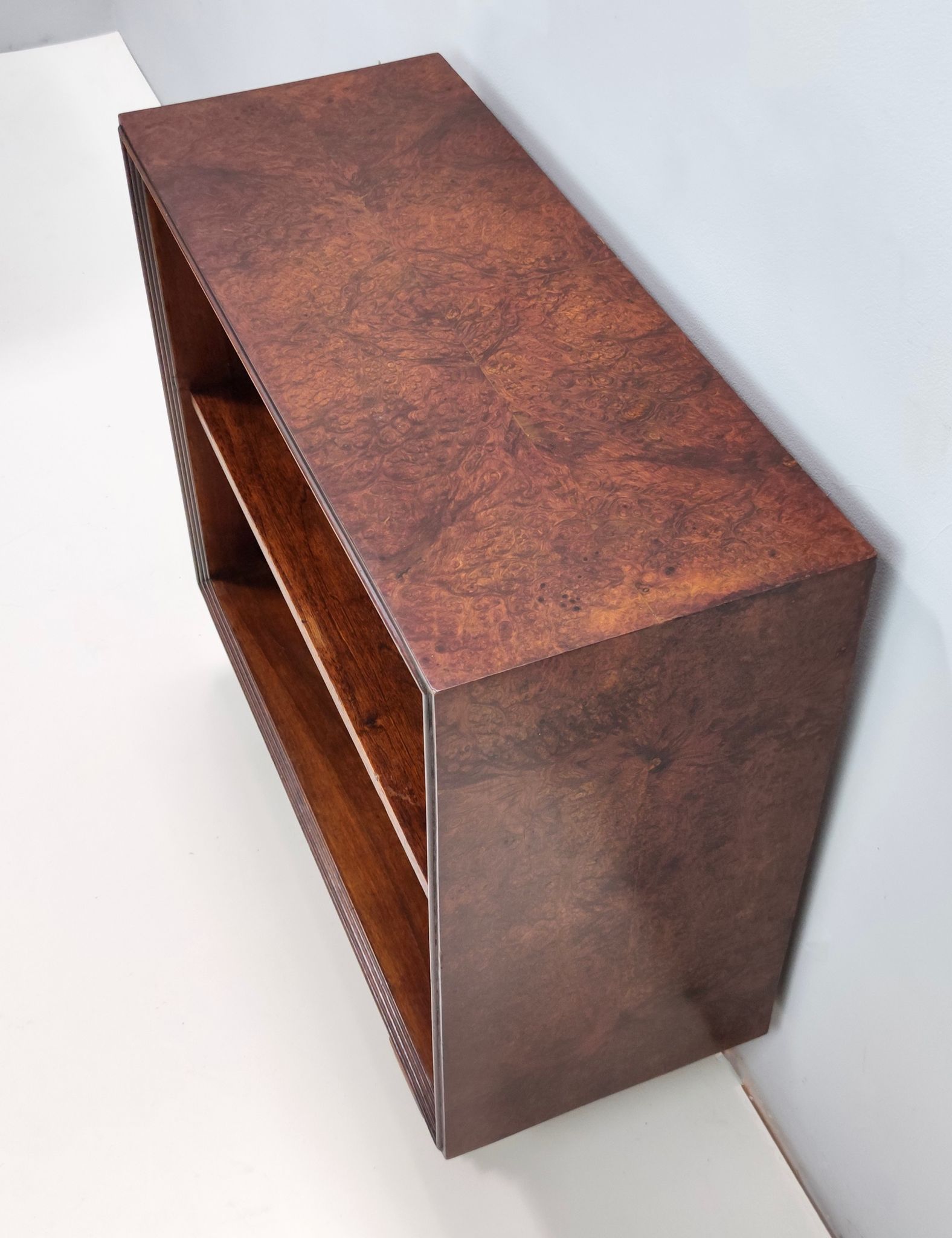 Vintage small walnut and birch root art deco bookcase, italy