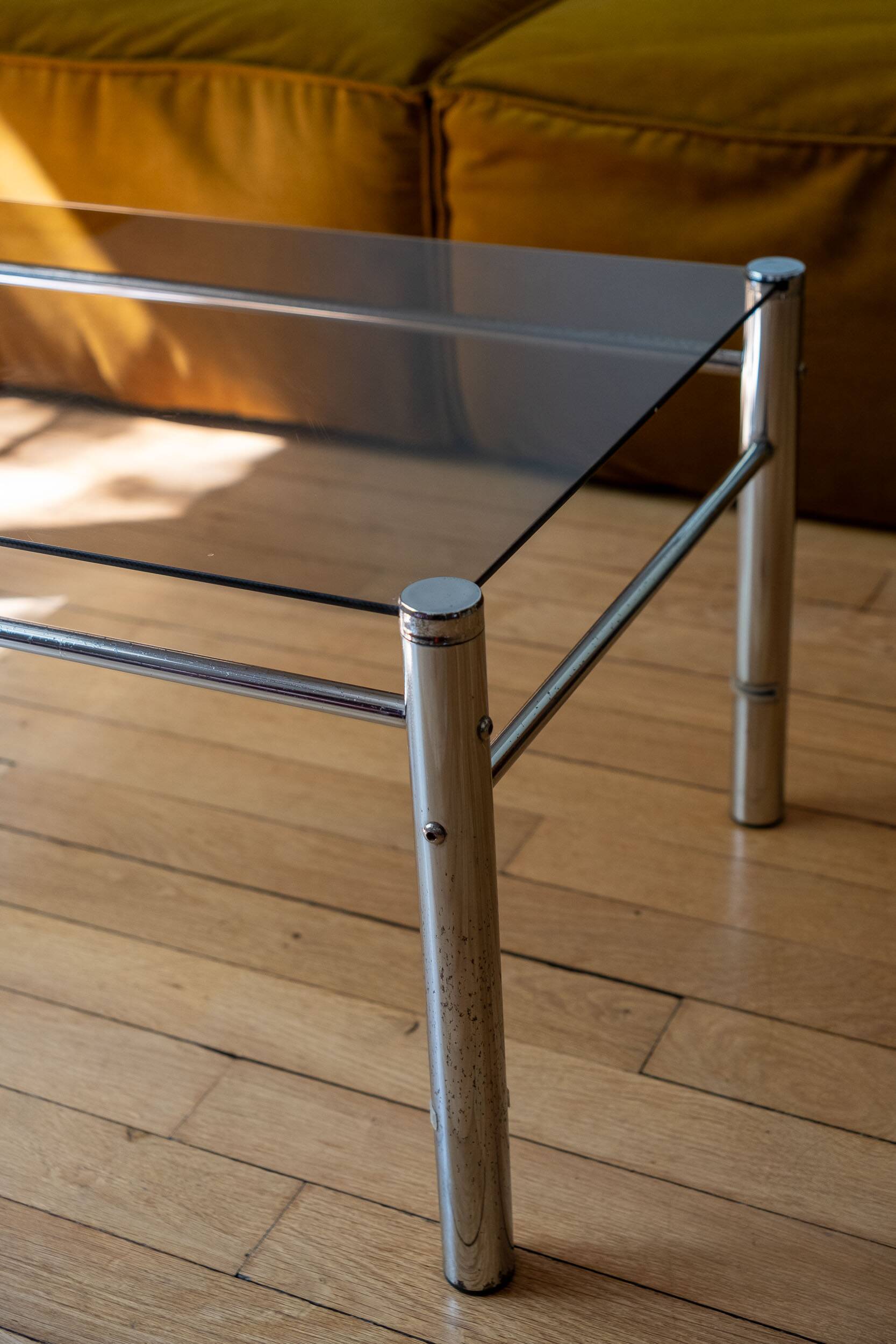 Table basse en chrome et verre fumé - Yves Boutboul, Design années 70