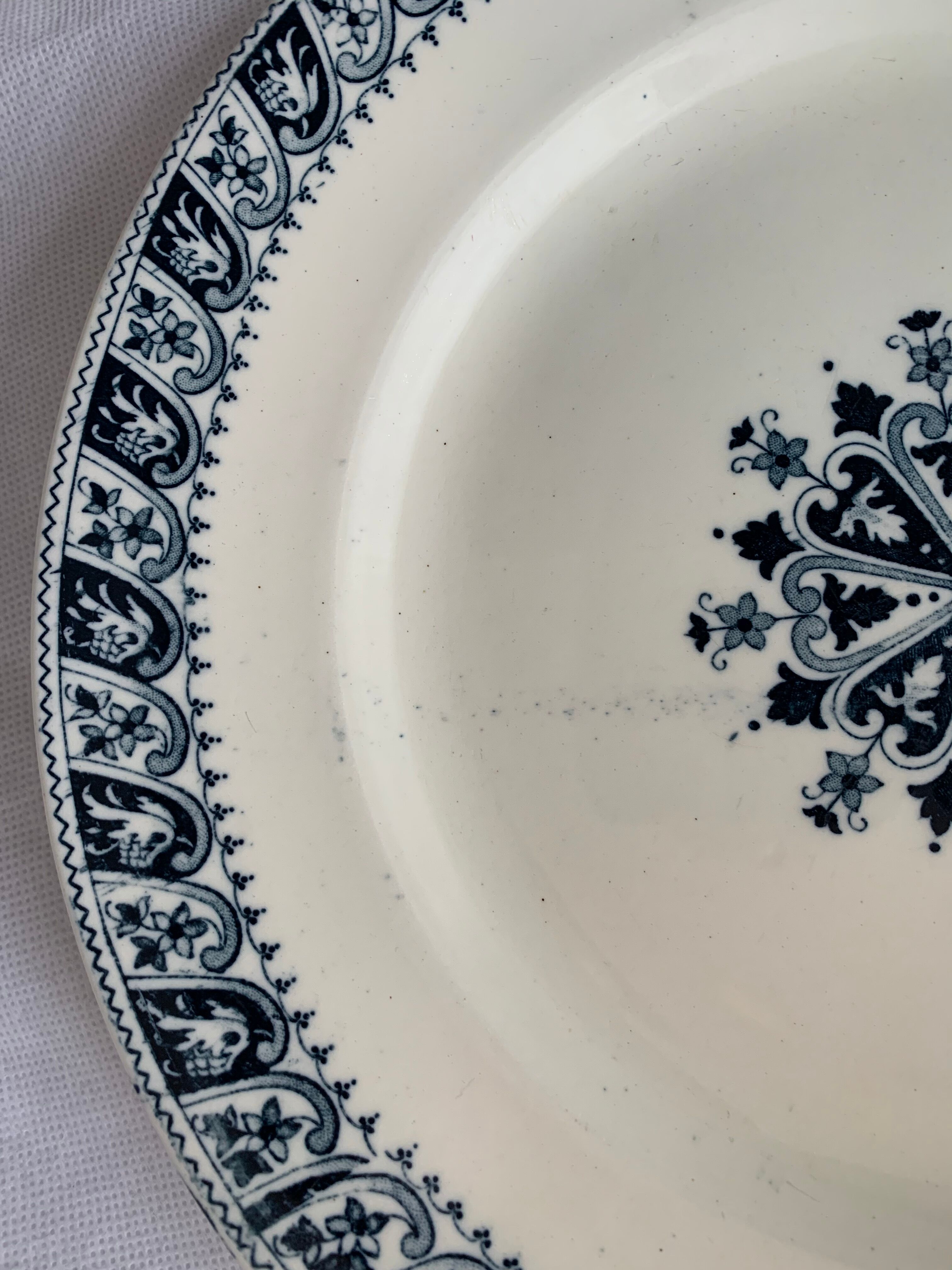 Lot of 12 old flat plates and 2 dishes, Terre de fer Henri II Salins