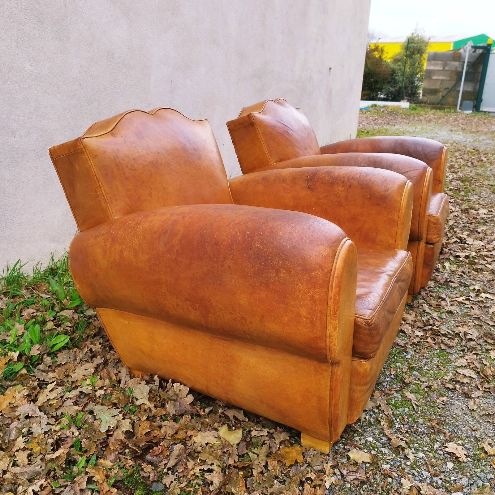 Paire de fauteuils club Moustache vintage cuir fauve