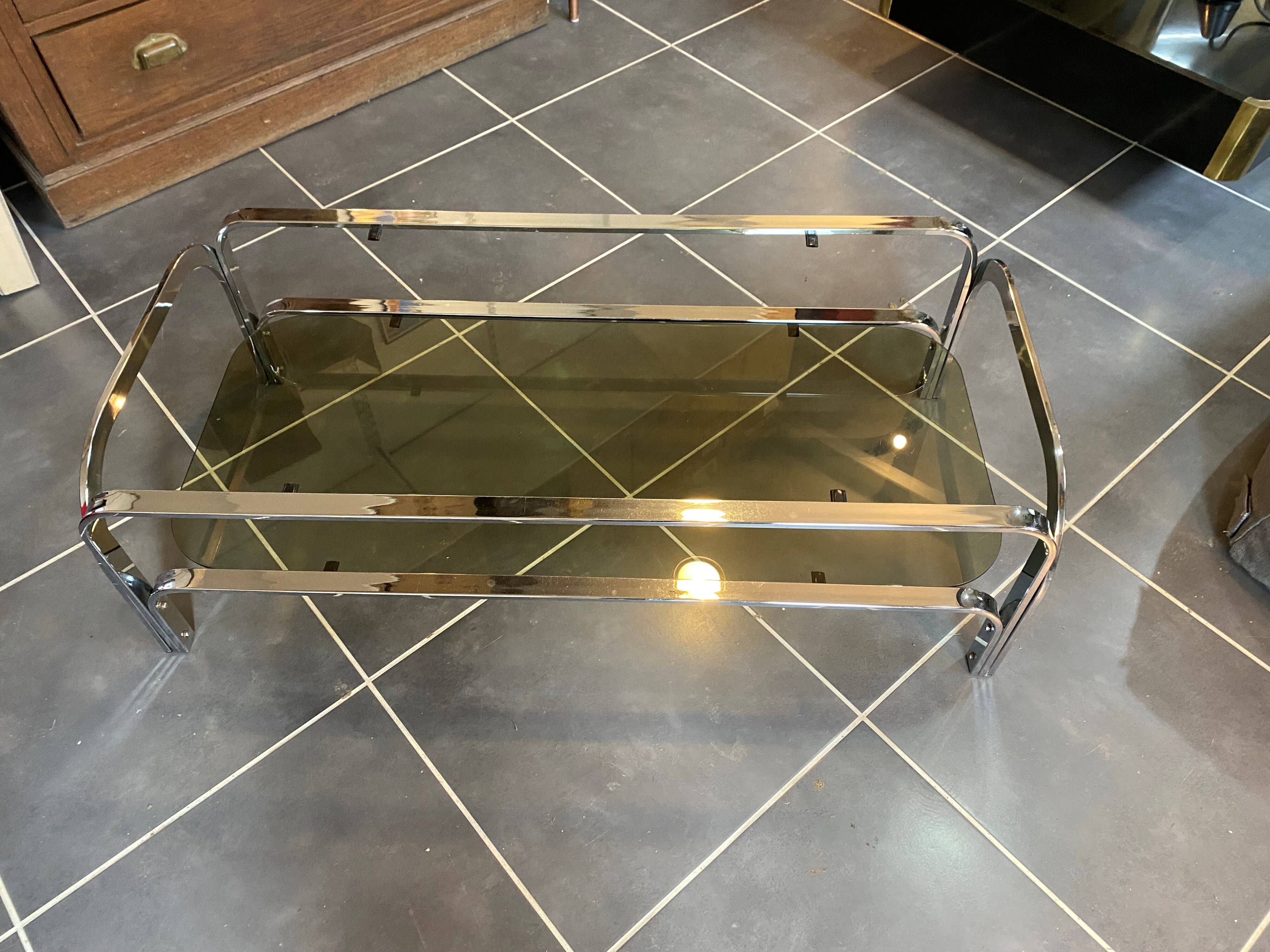 Table basse double plateau verre chrome style Bauhaus vintage 1970