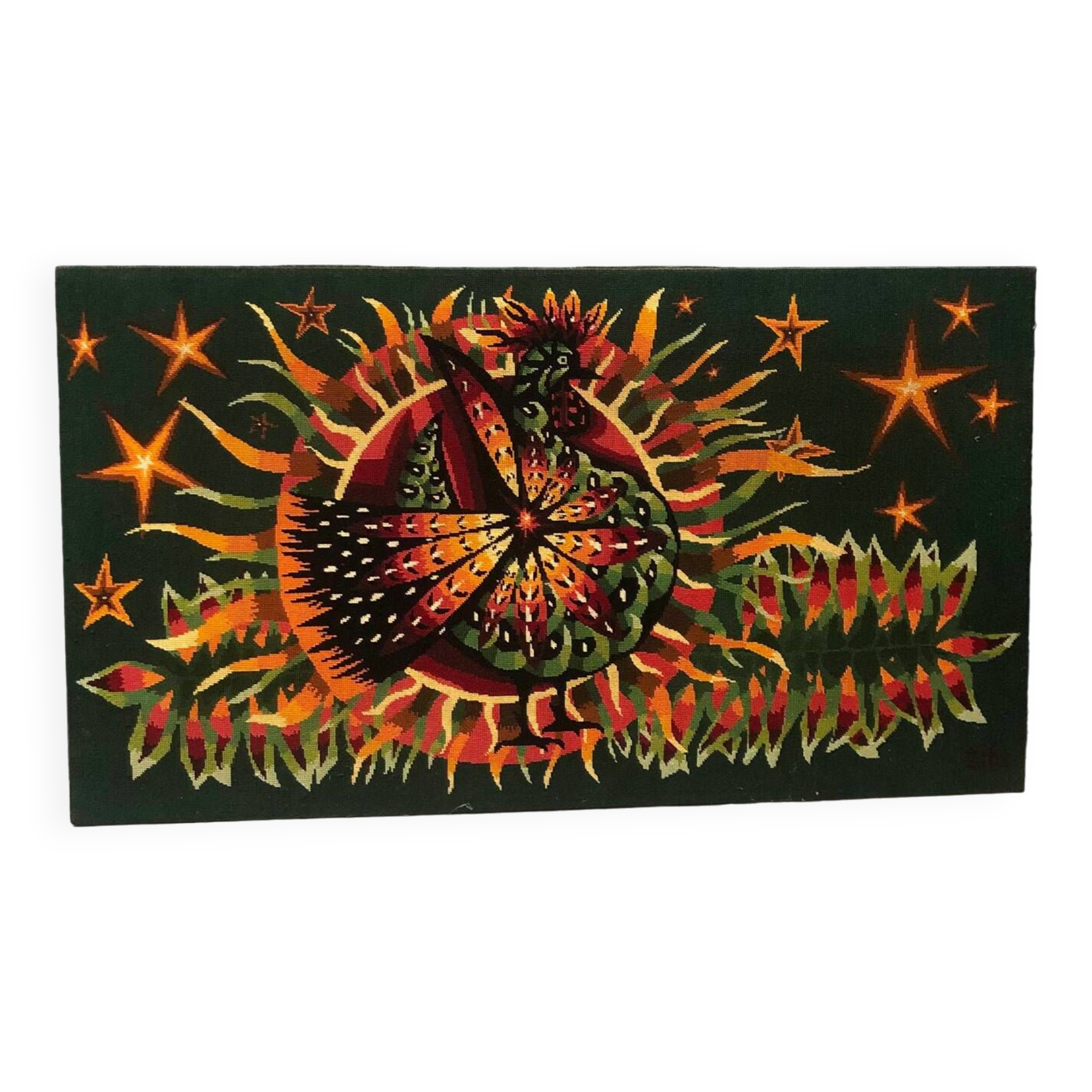 Large vintage tapestry signed elbe, peacock or phoenix 1970