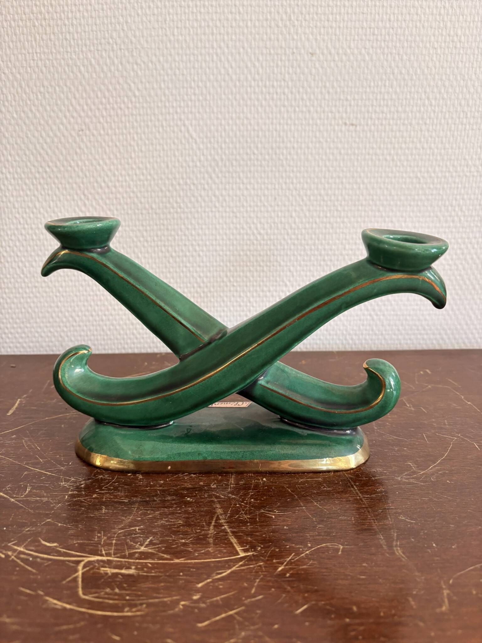 Antique Candle Holder Chandelier 2 Arms Saint Clément Glazed Green Ceramic