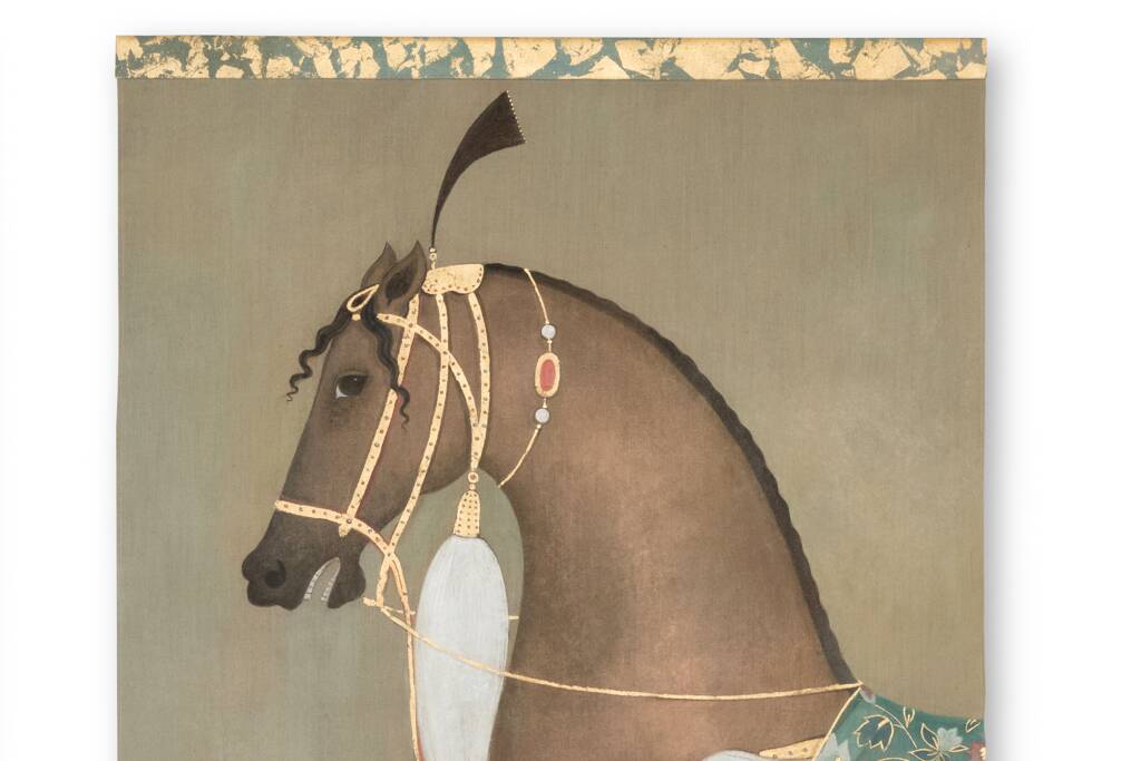 Painted canvas depicting a side view of an Indian horse. Contemporary work.