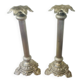 Pair of chrome-plated brass column candlesticks