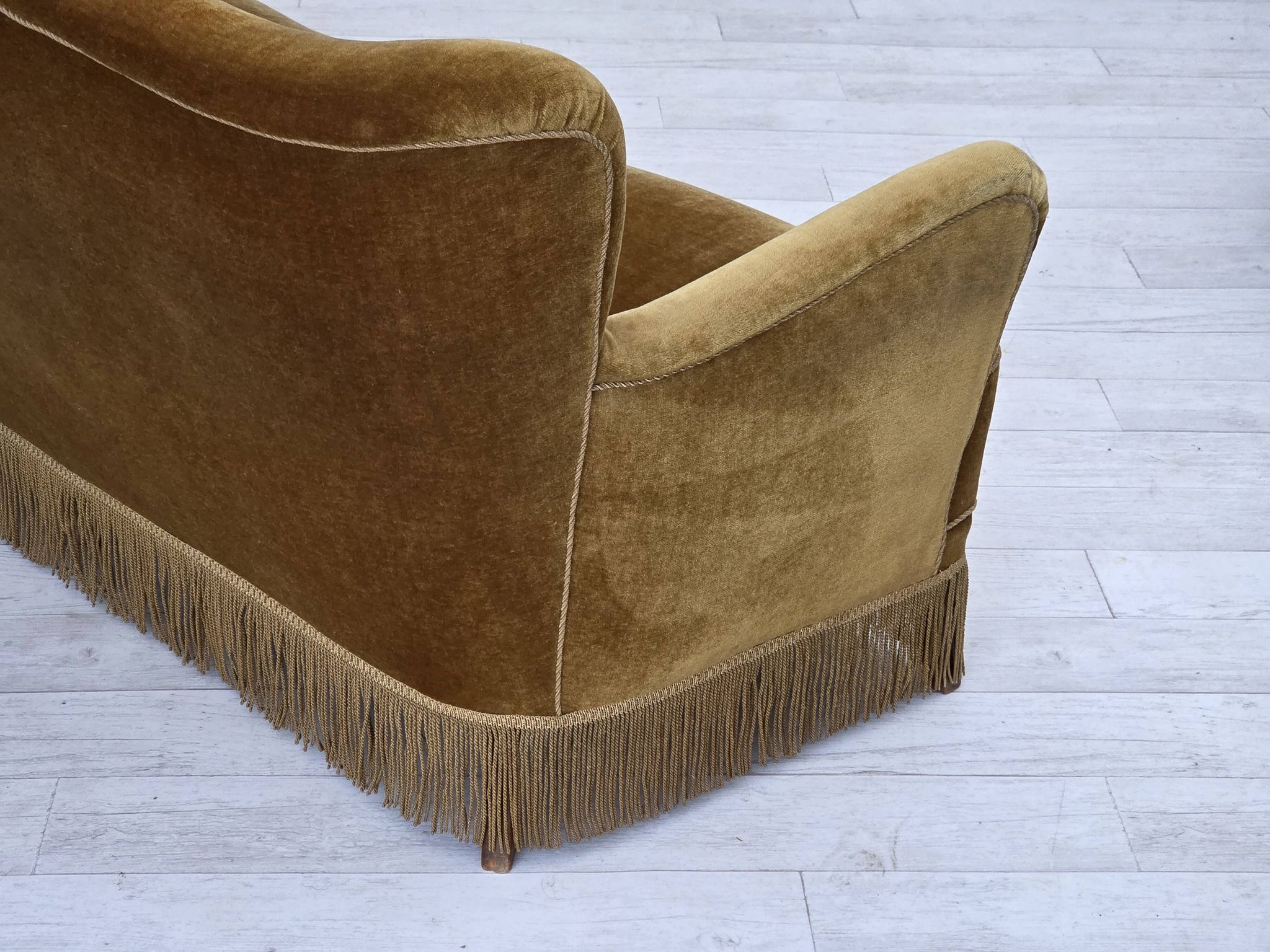 1960s, Danish 3-seater sofa, honey-yellow furniture velour, beech wood.