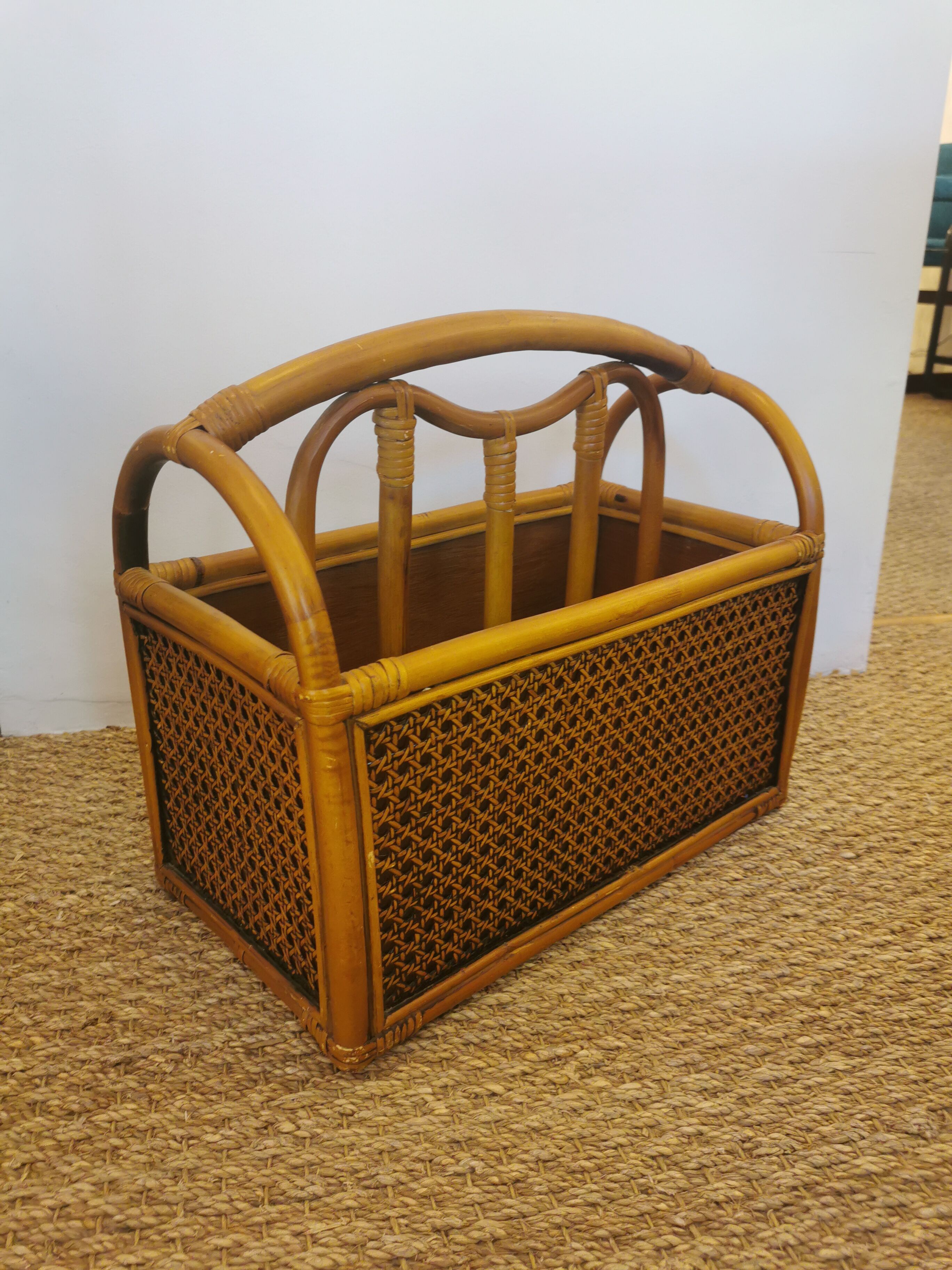 Vintage bamboo rattan and canning magazine holder