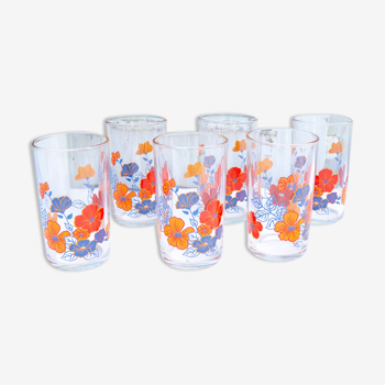 6 verres à orangeade motifs fleurs rétro