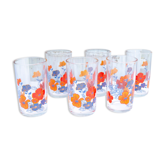 6 verres à orangeade motifs fleurs rétro