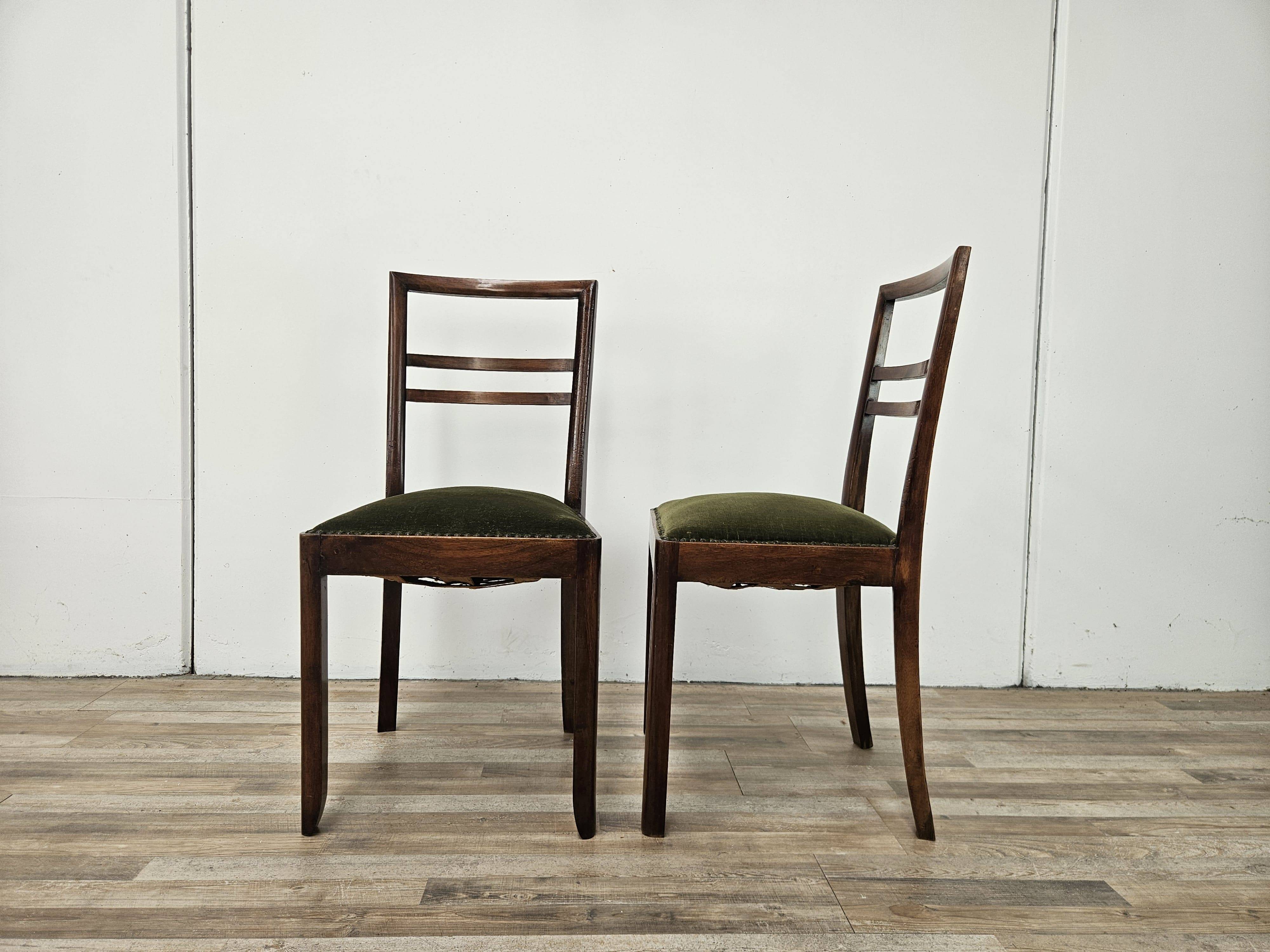 Art Decò dining chairs in walnut and fabric, 1940