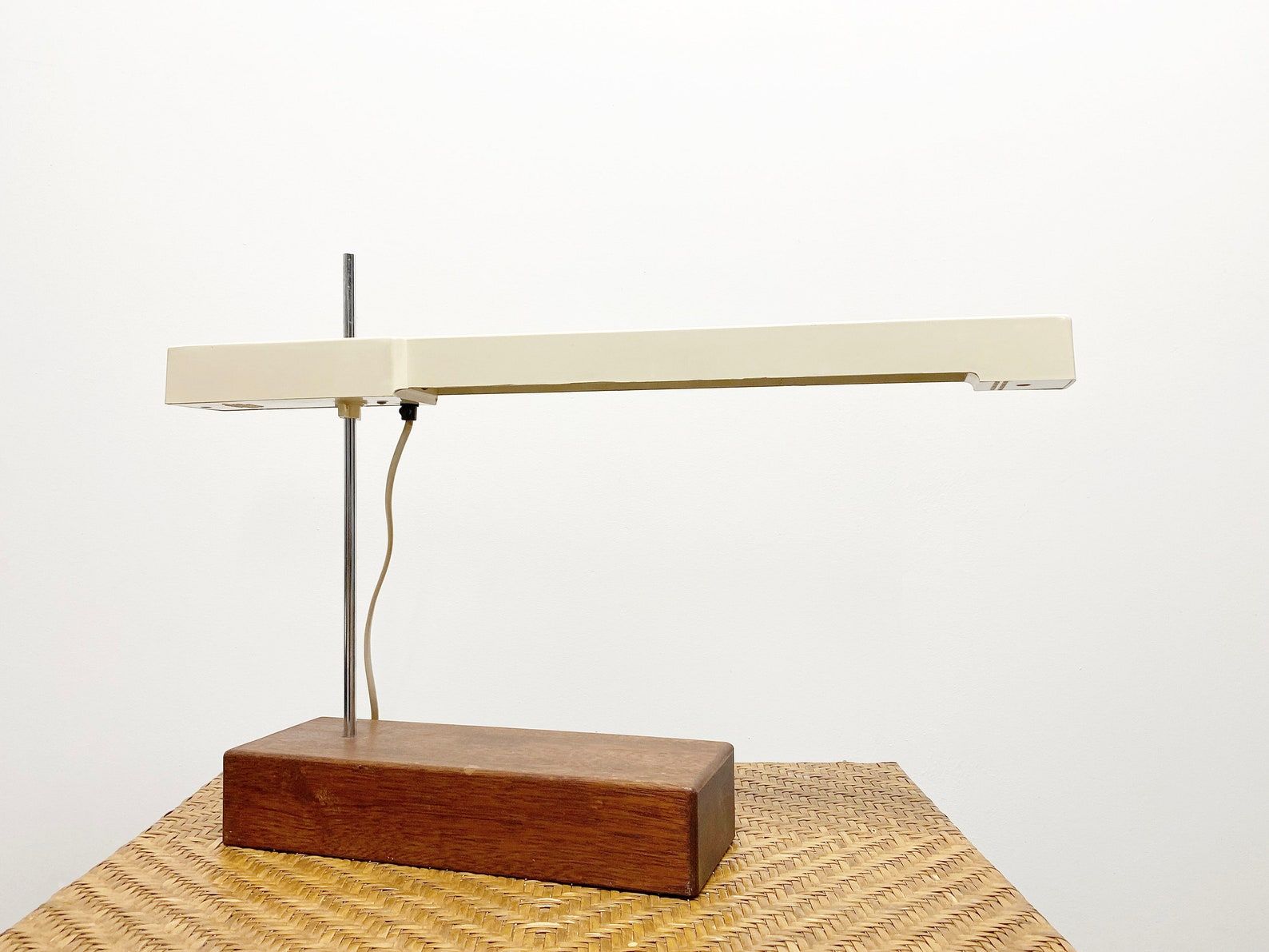 Unique XL Vintage Fluorescent Desk Lamp, Solid wooden base, Mid Century Table Lamp