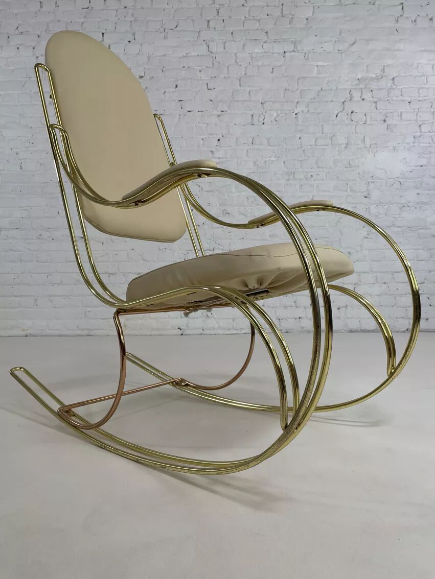 60s rocking chair in brass and ecru faux leather