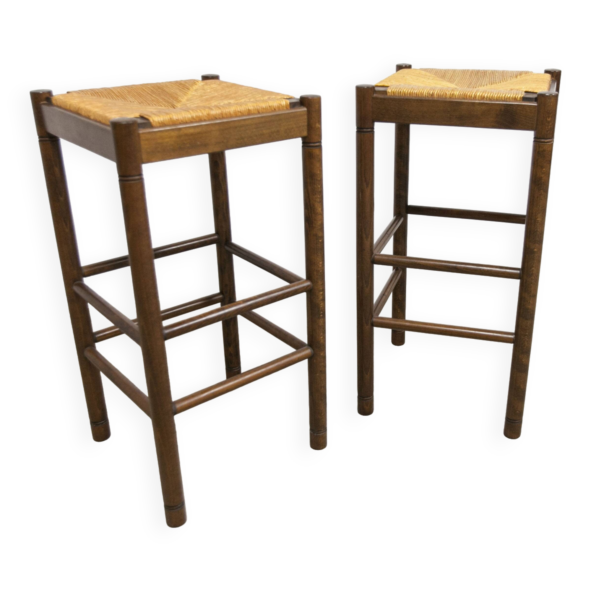 Pair of 80 cm high straw and beech bar stools