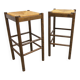 Pair of 80 cm high straw and beech bar stools