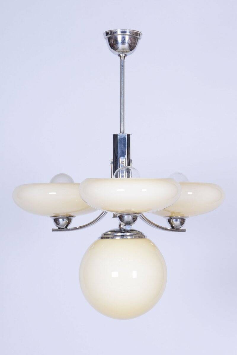 Art Deco Chandelier in Chrome-Plated Steel and Opal Glass, Czech, 1920s