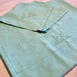 Old tablecloth and its 8 embroidered napkins "la malabar LS" - green - 150x170 cm - linen thread
