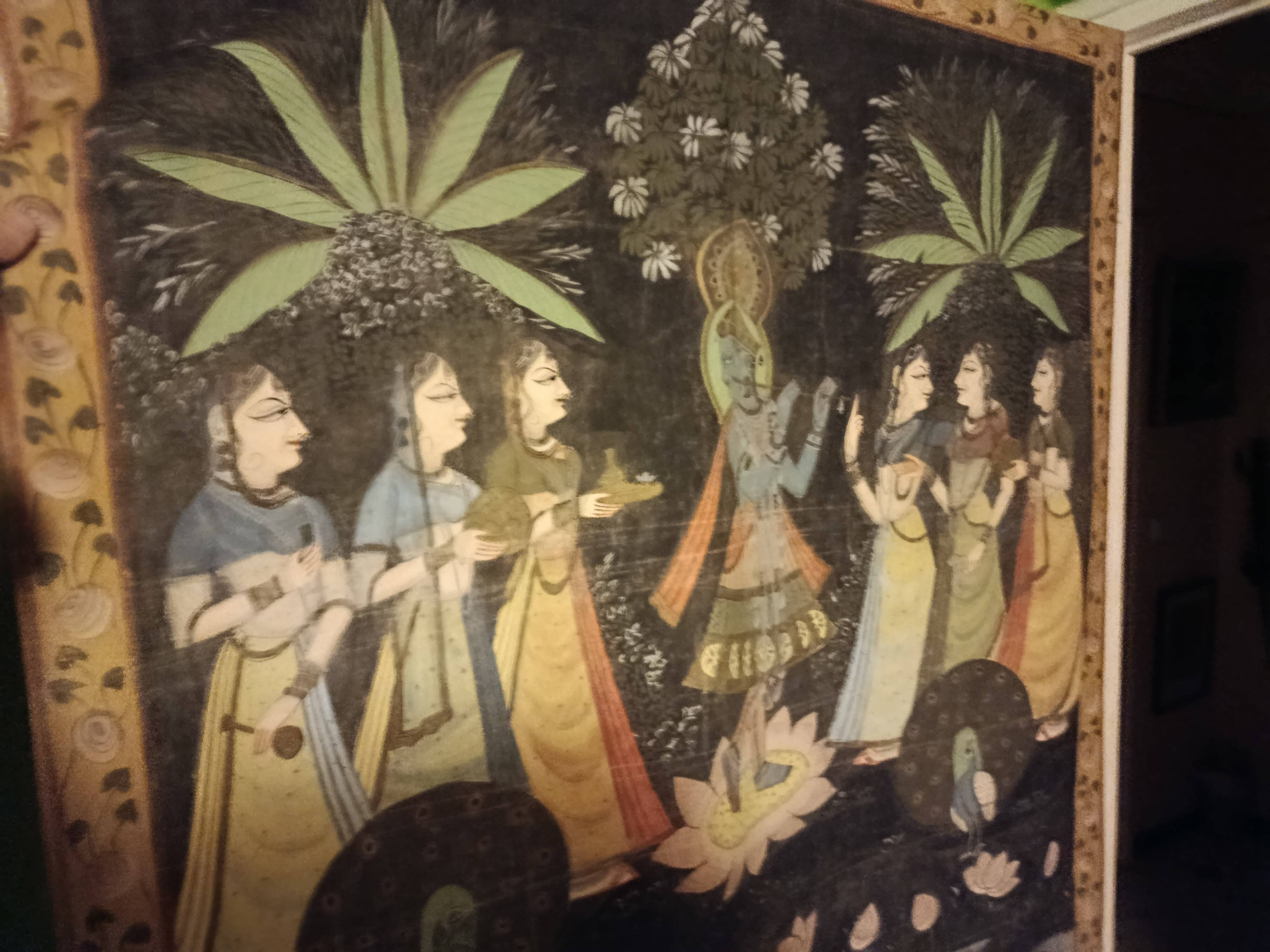 INDIA PICHWAI painting on silk KRISHNA RADHA GOPIS, Kanera Rajasthan mid 20th century