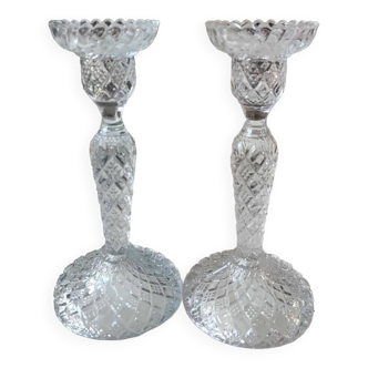 Pair of flambeaux candlesticks, vallerysthal/portieux. in molded glass, 1950s.
