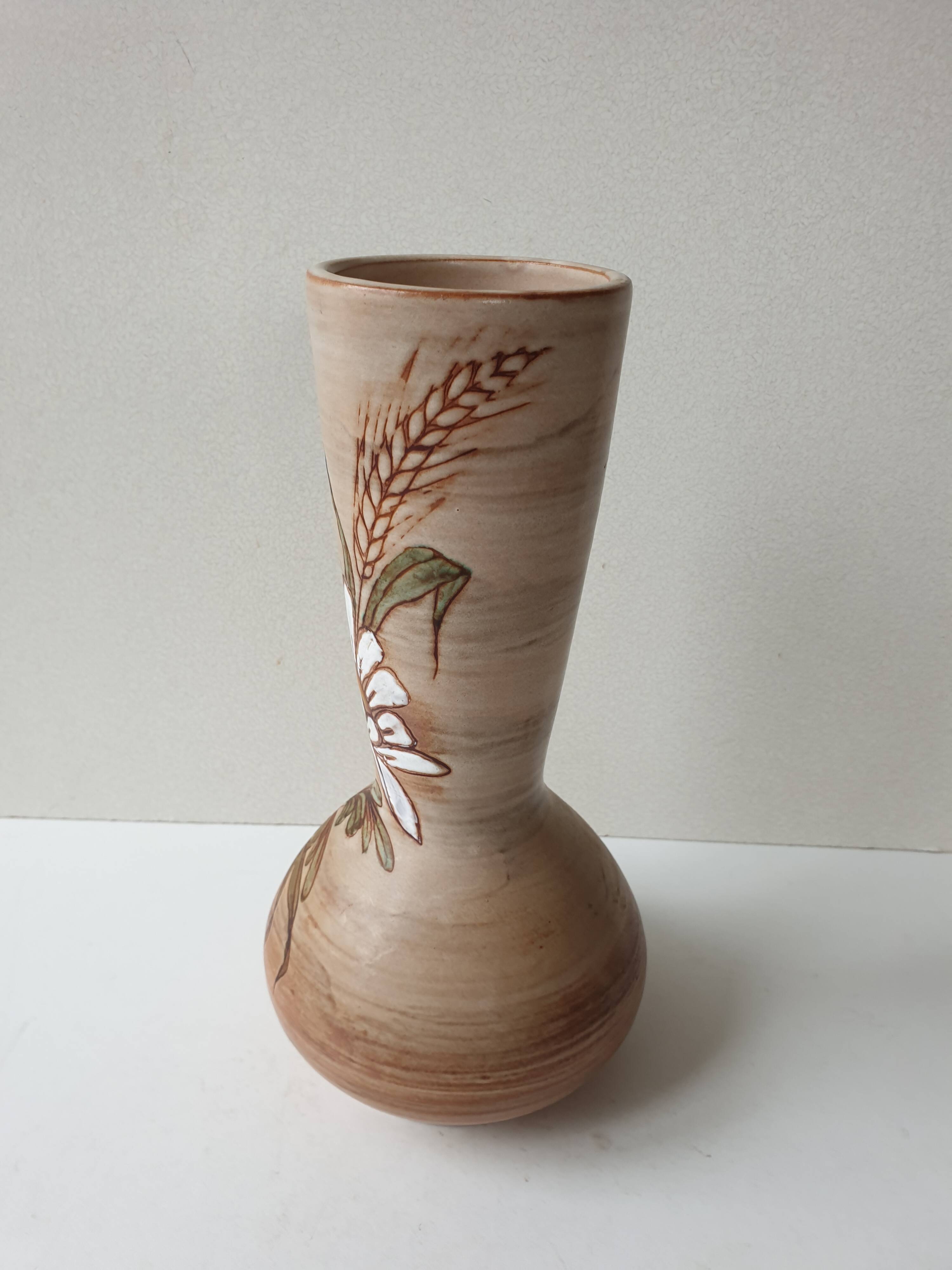 Ceramic vase with flower and wheat ears signed Fonck and Matéo (Vallauris) 1970s