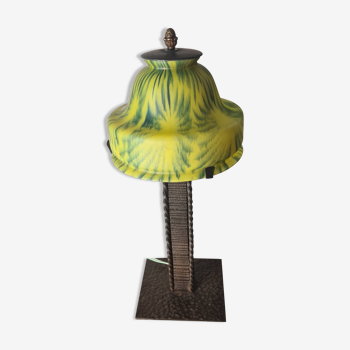 wrought and hammered iron lamp 1900 a30 with glass paste tulip, yellow and green 34x16