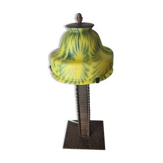 wrought and hammered iron lamp 1900 a30 with glass paste tulip, yellow and green 34x16