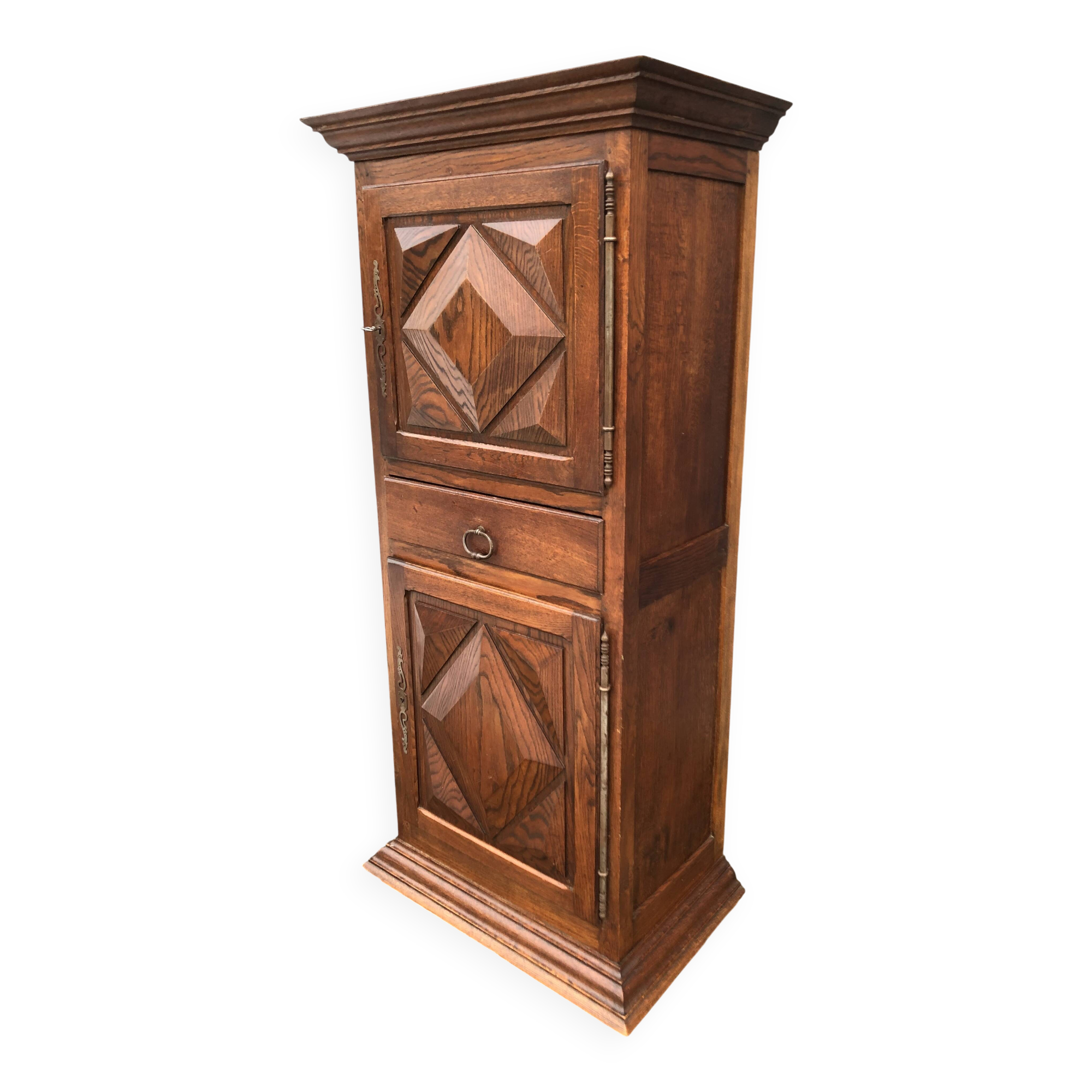 Solid oak wardrobe with 2 doors and 1 drawer in neo Louis XIII style.