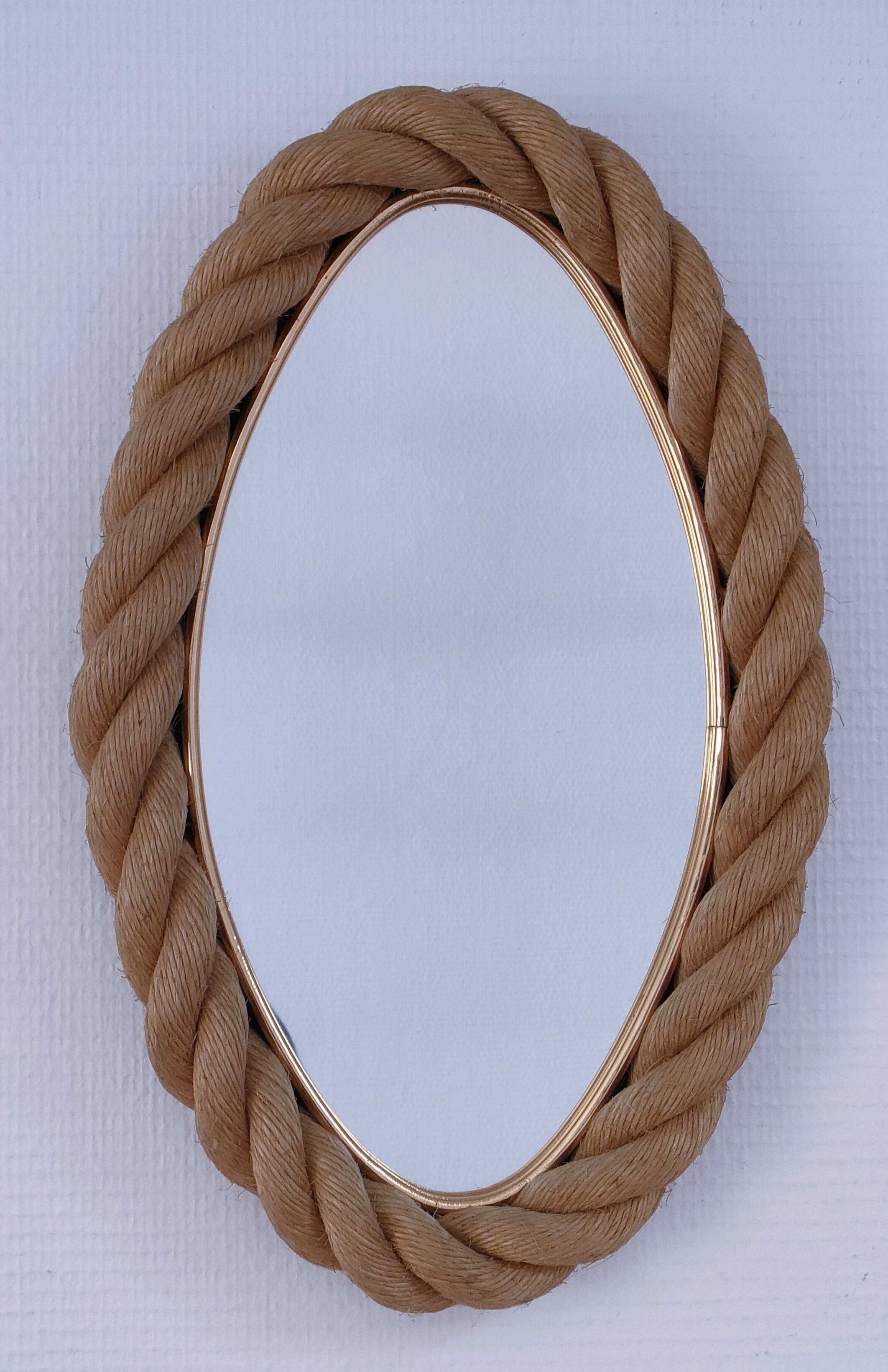 Miroir en corde tressée dans le goût de Audoux Minet, années 60
