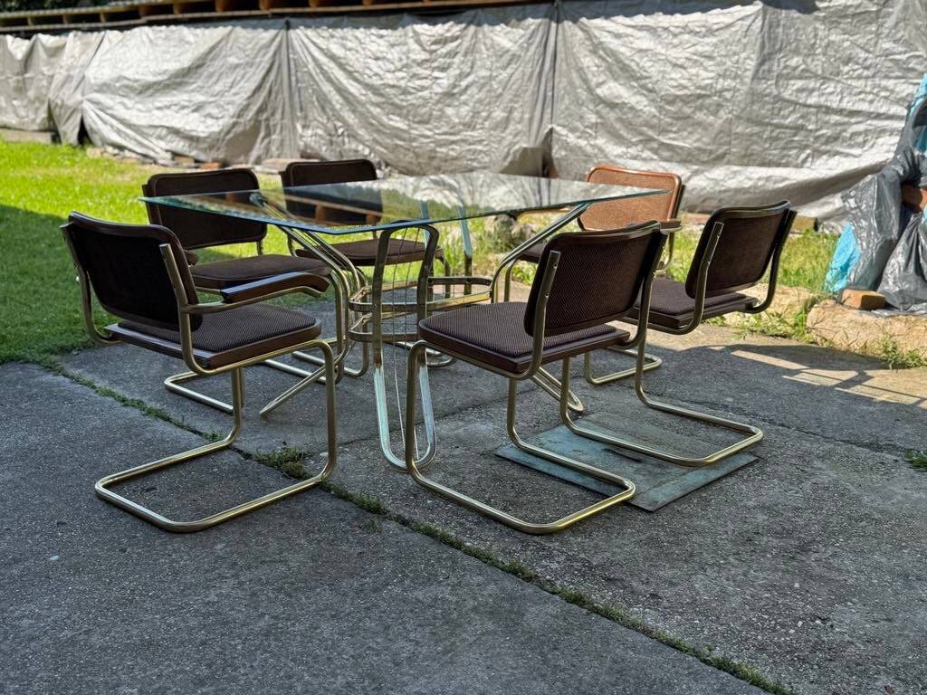 Italian brass dining set with table and chairs, 1970s, set of 7