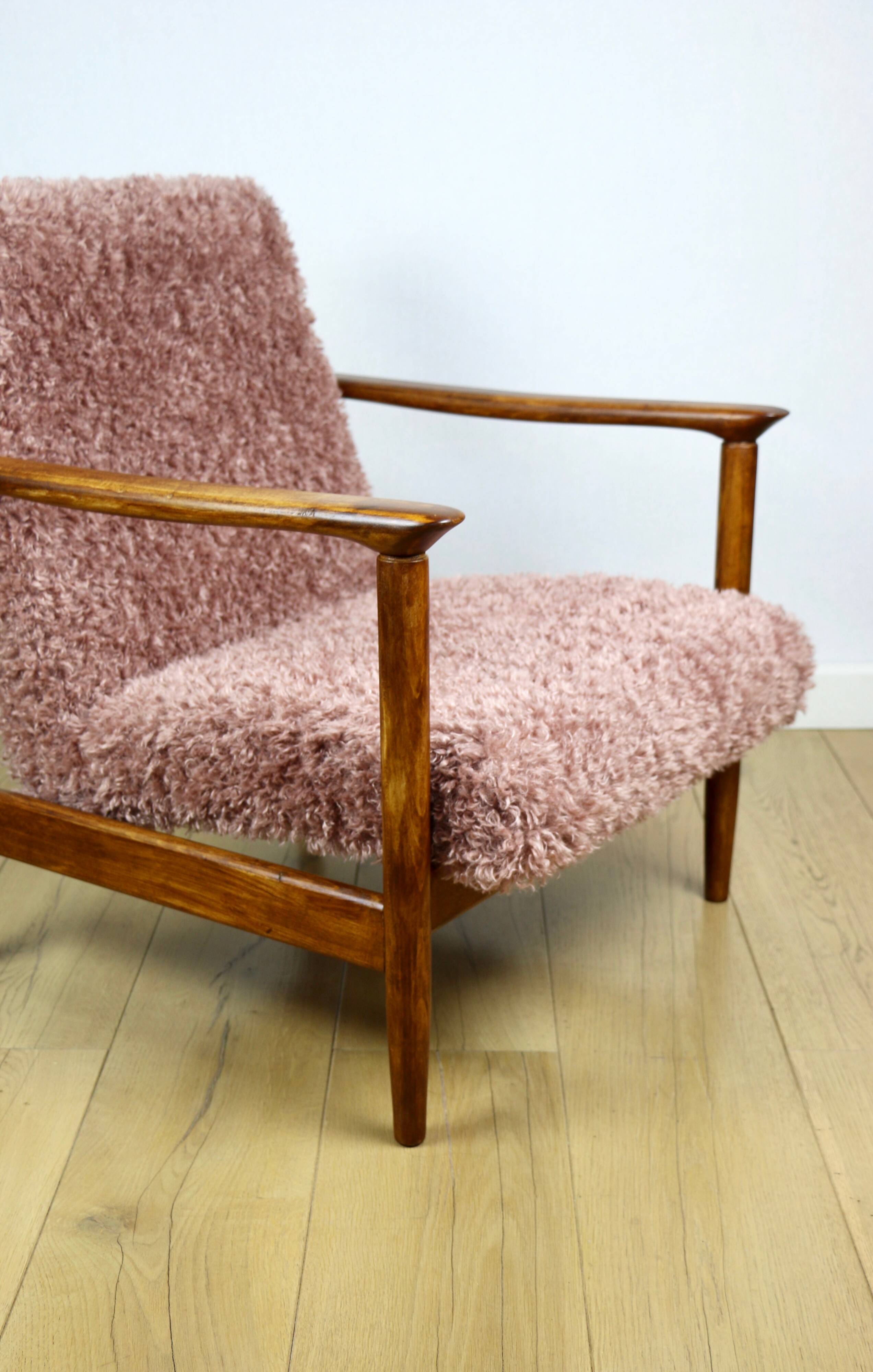 GFM-142 armchair designed by Edmund Homa from the 70s, pink long hair - 2 pieces available