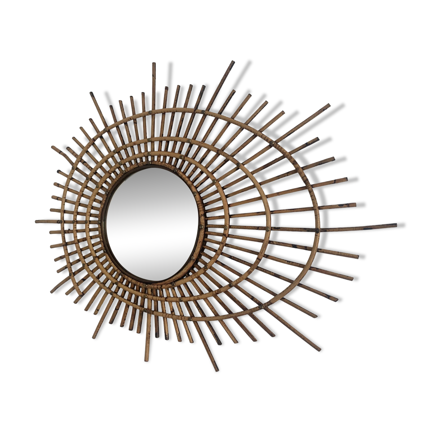 Miroir vintage 1960 soleil rotin style ORTF - 83 x 65 cm