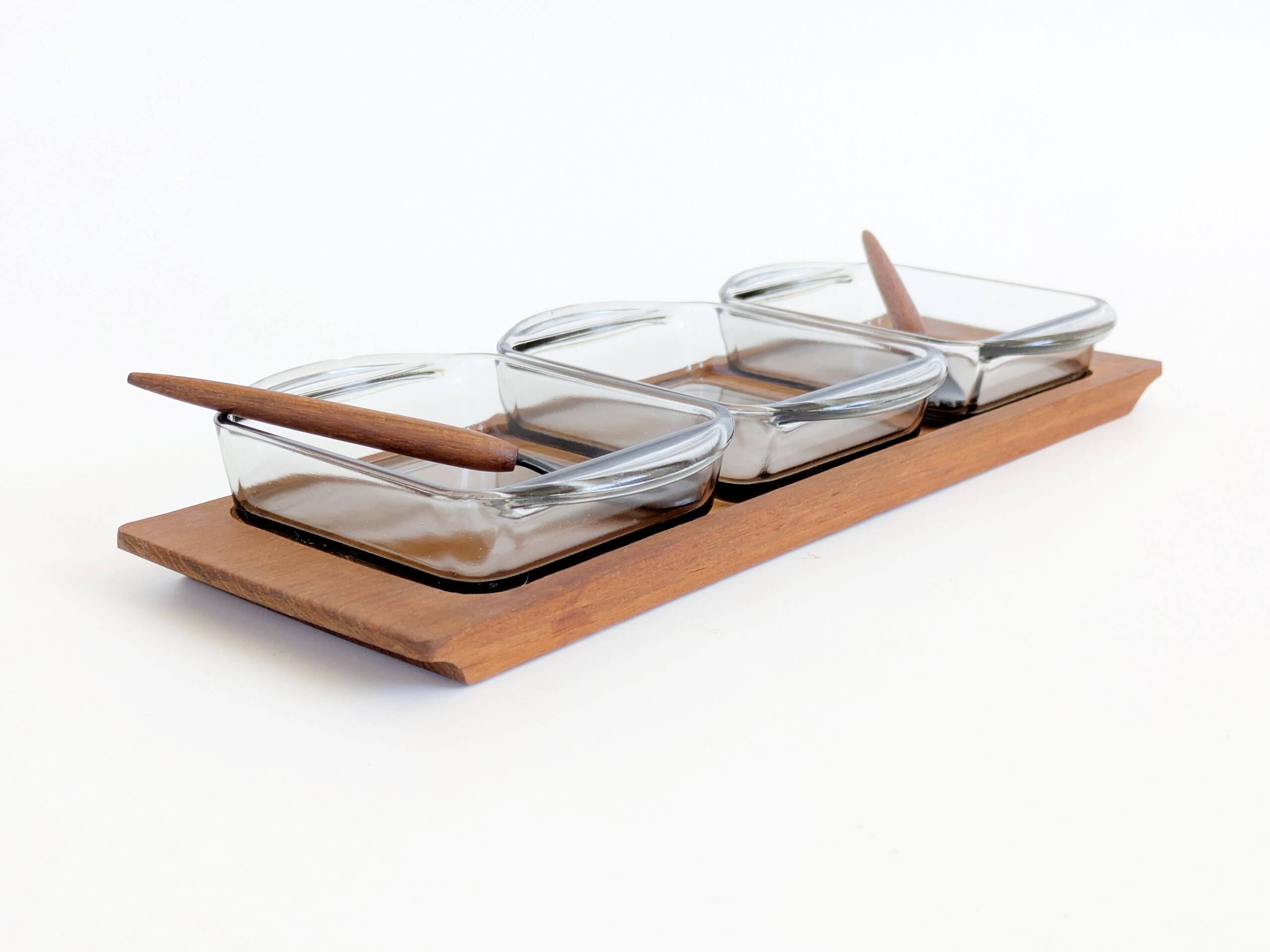 Danish vintage service teak tray, smoked glass bowls, spoon fork.