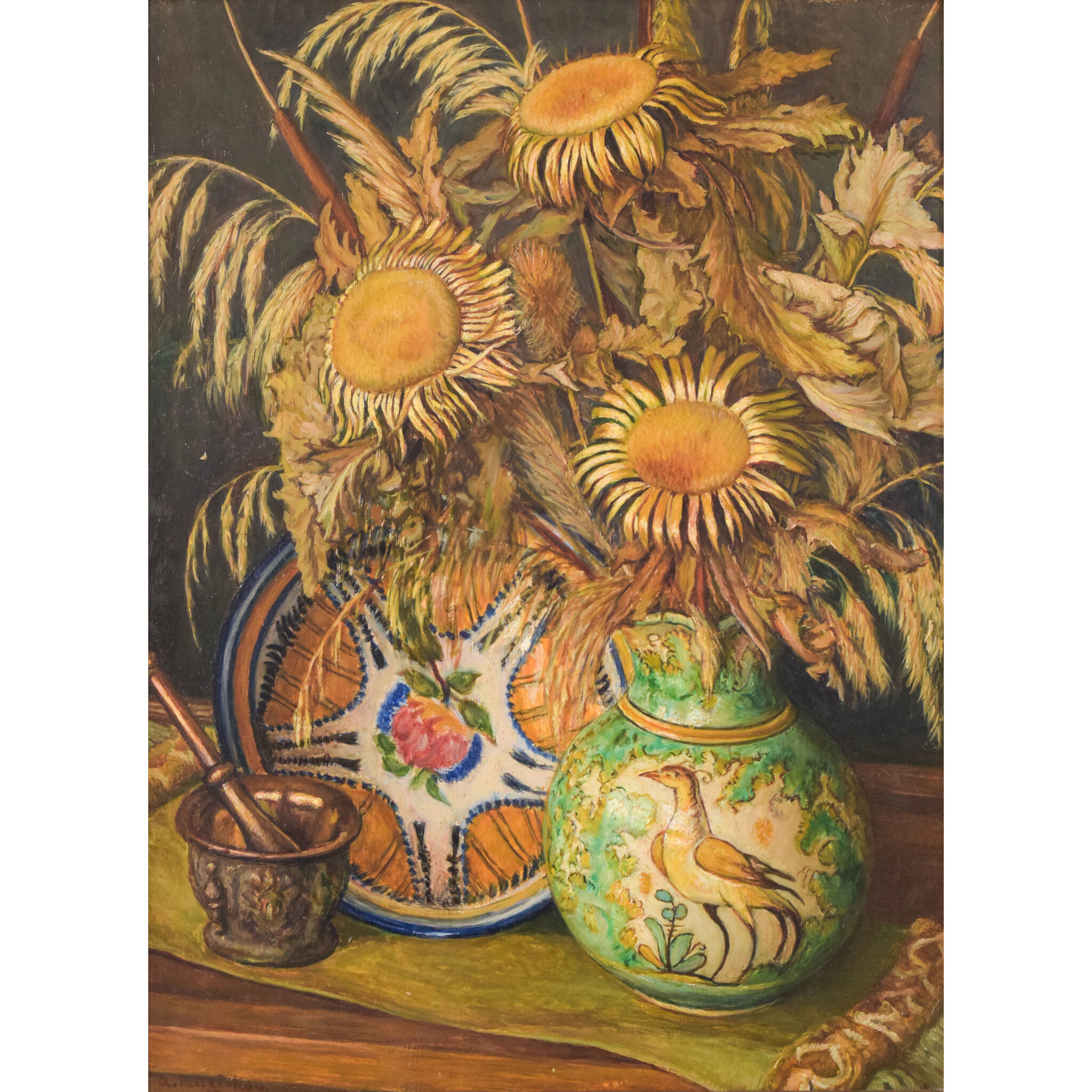 Still life with sunflowers and majolica jug