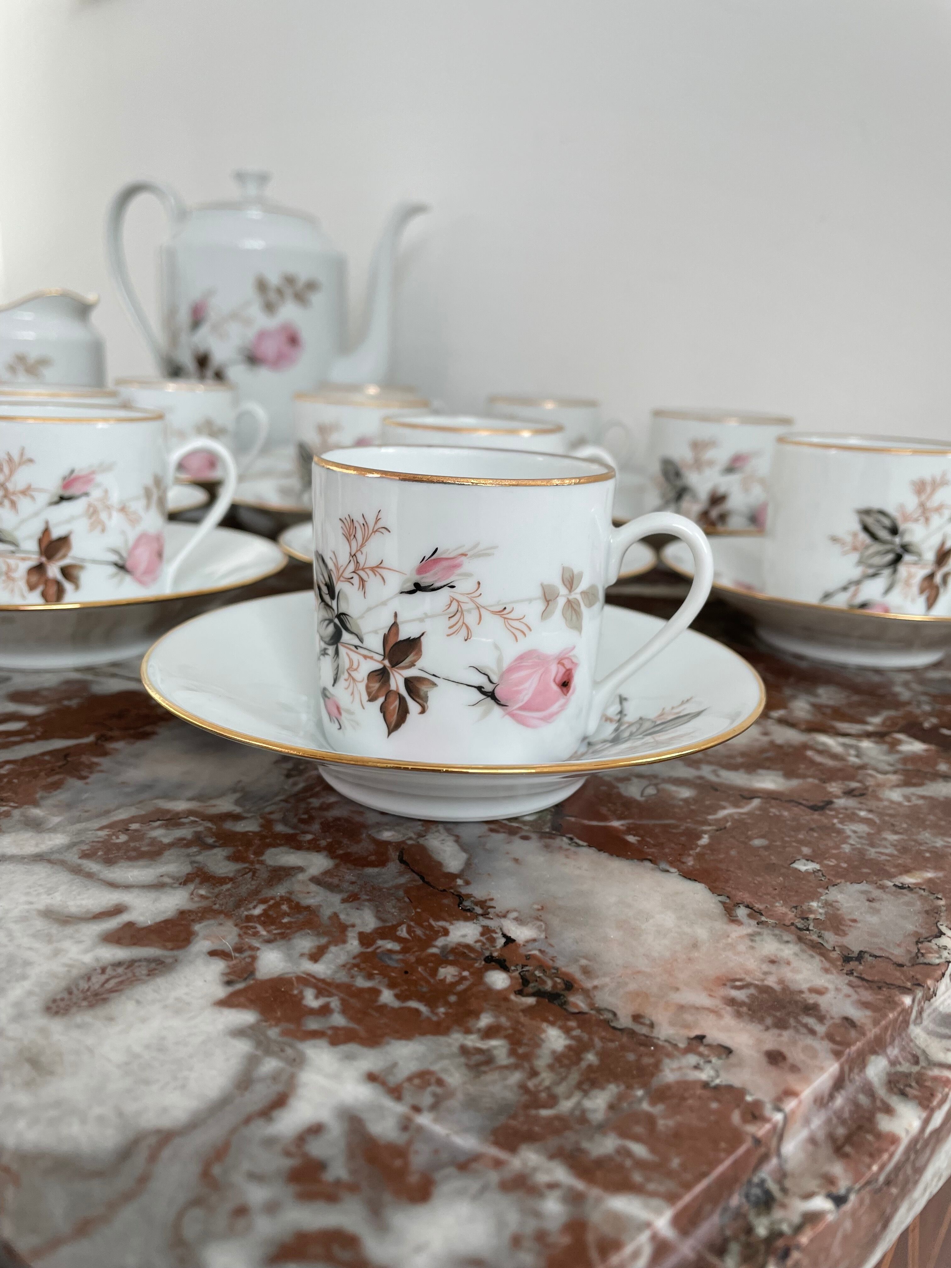 Vintage, coffee service, tea, Limoges, Flowers, cipher, 11 cups and under cups, teapot, 27 pieces