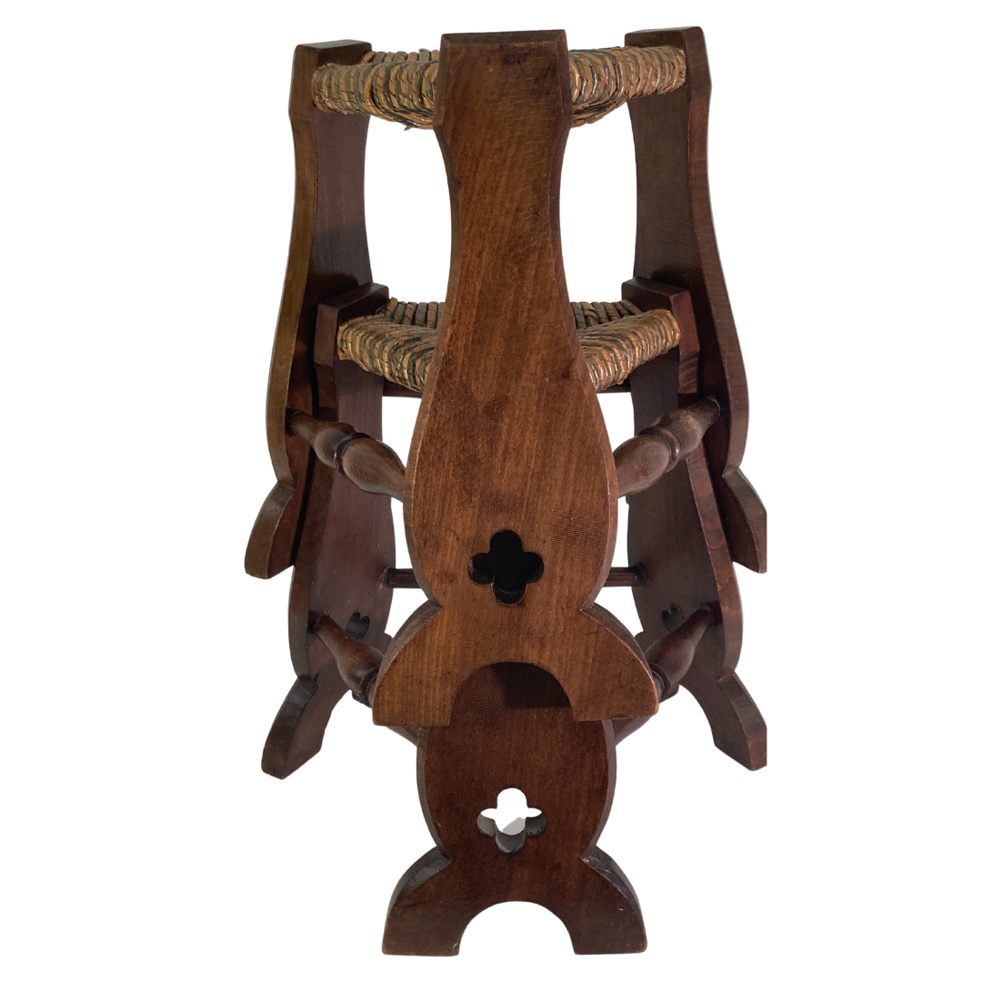 Pair of brutalist neo gothic rush oak tripod stools, France ca 1960s