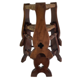 Pair of brutalist neo gothic rush oak tripod stools, France ca 1960s