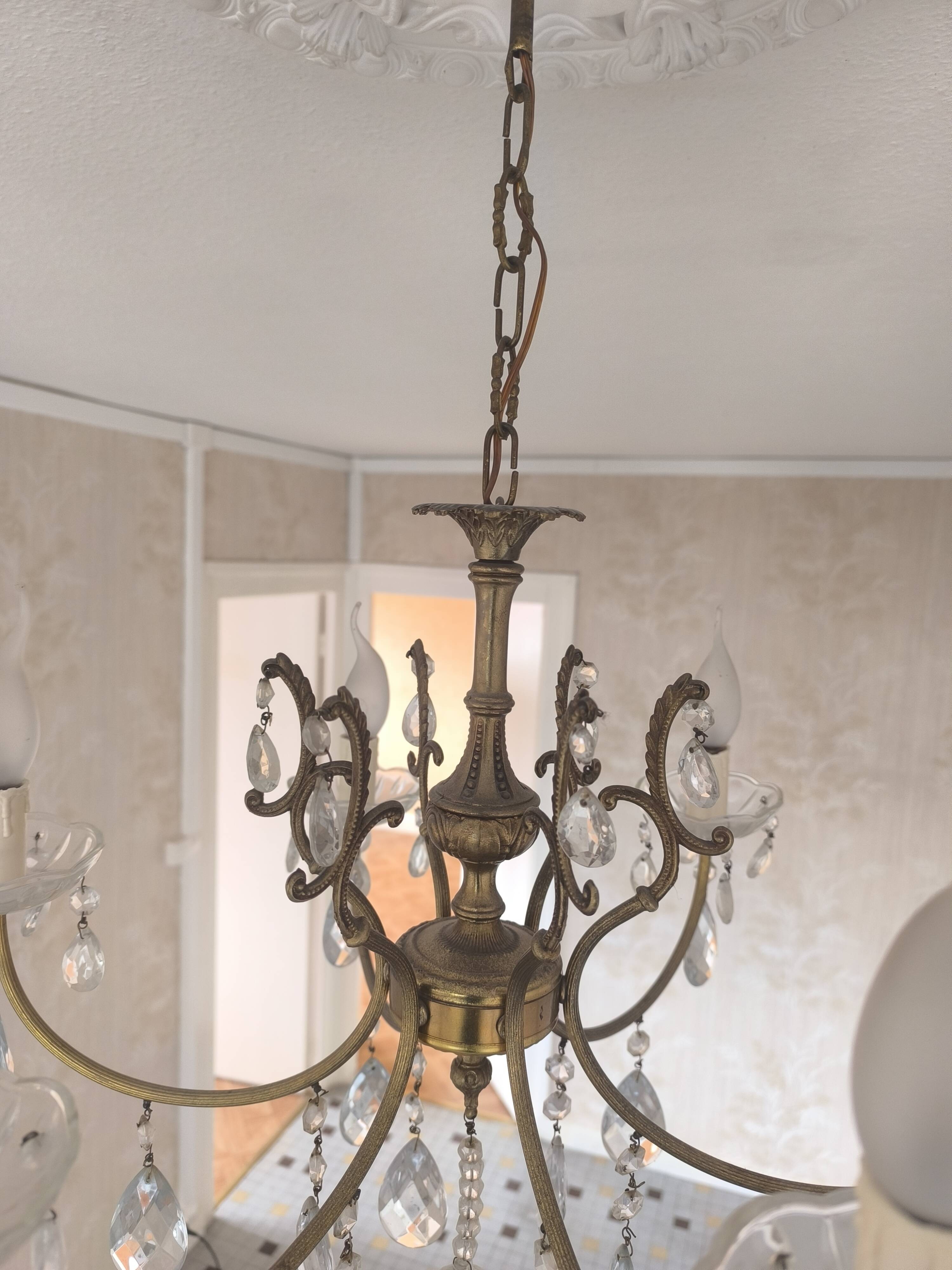 Vintage brass and crystal pendant chandelier with 6 lights