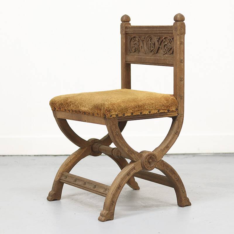 Antique Oak Chair with Gothic and Religious Carvings