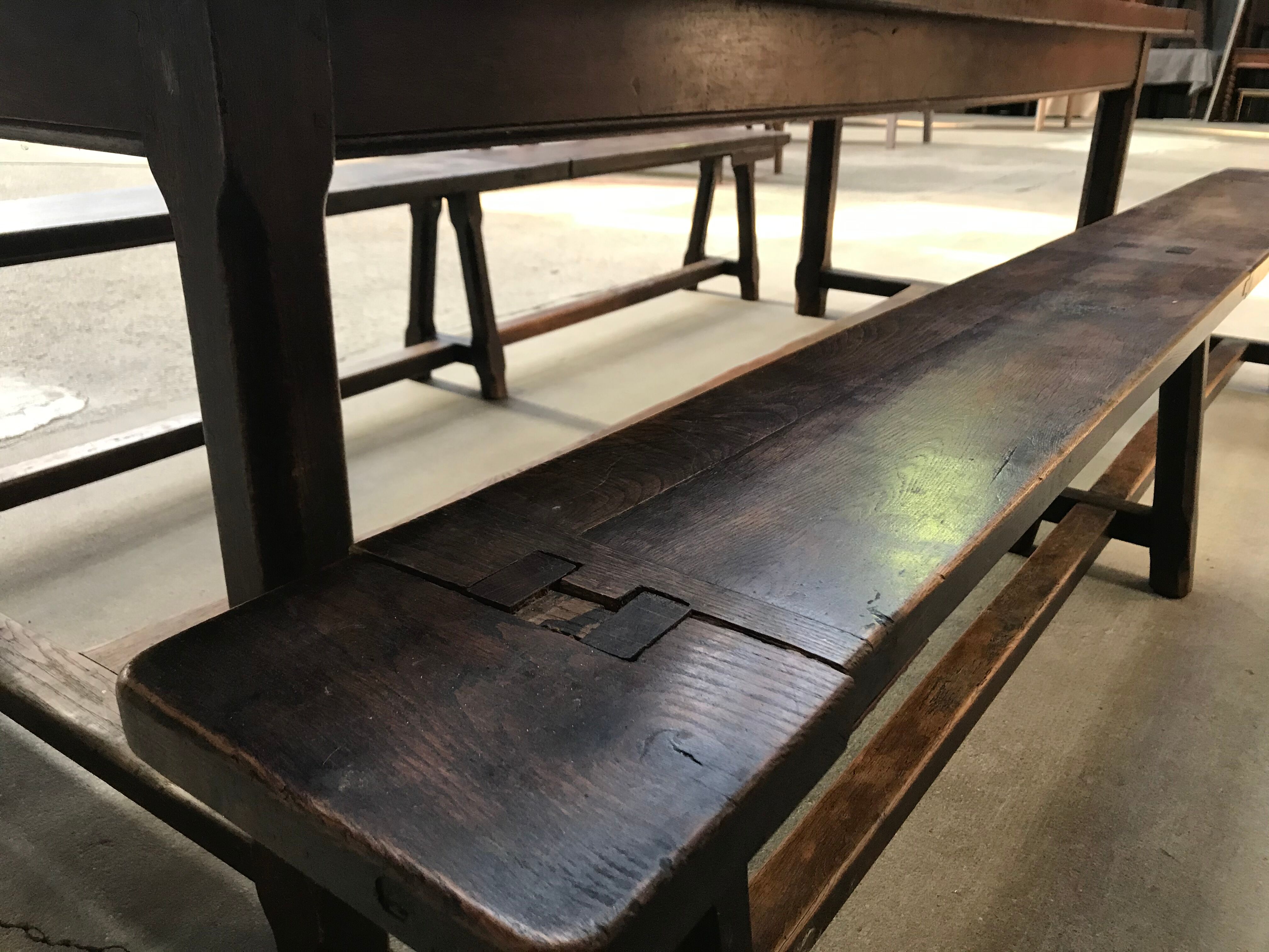 Farm table and two oak benches 19th