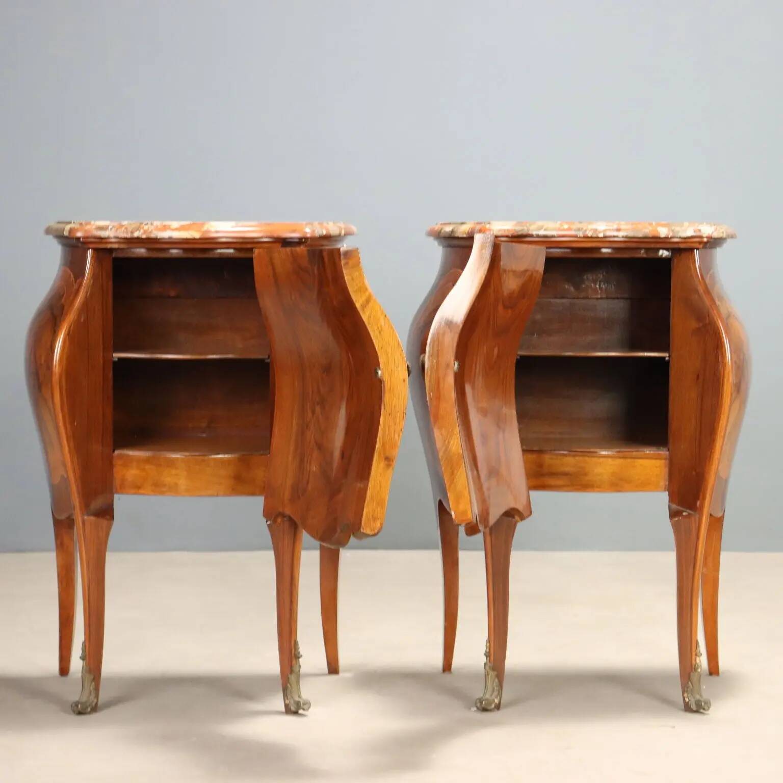 Antique baroque bedside tables in walnut and marble, Italy, 20th century.