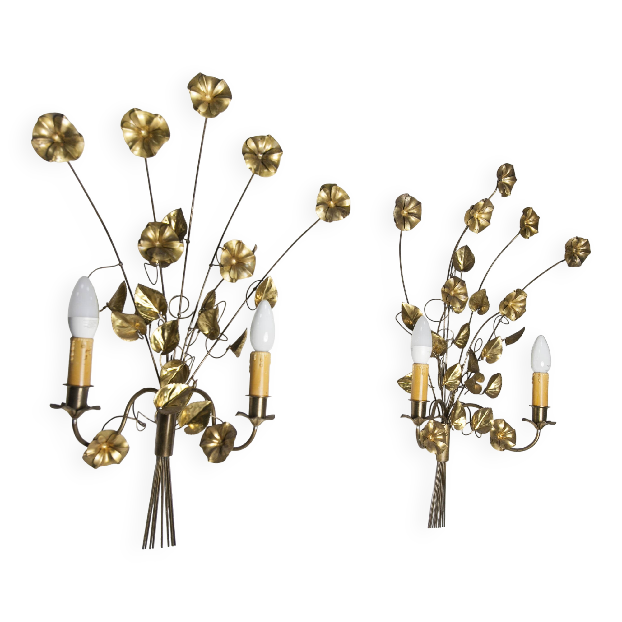 Pair of double flower bouquet sconces in brass 1960