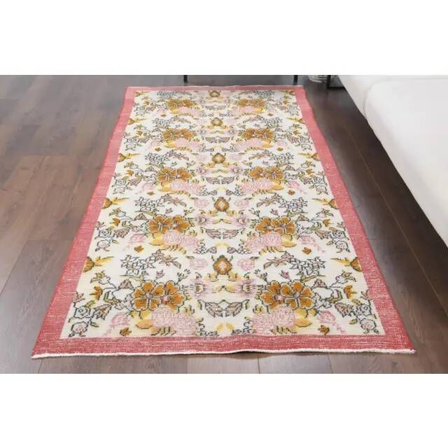 Vintage Turkish Oushak Handmade Wool Cotton Beige Area Rug 103x207