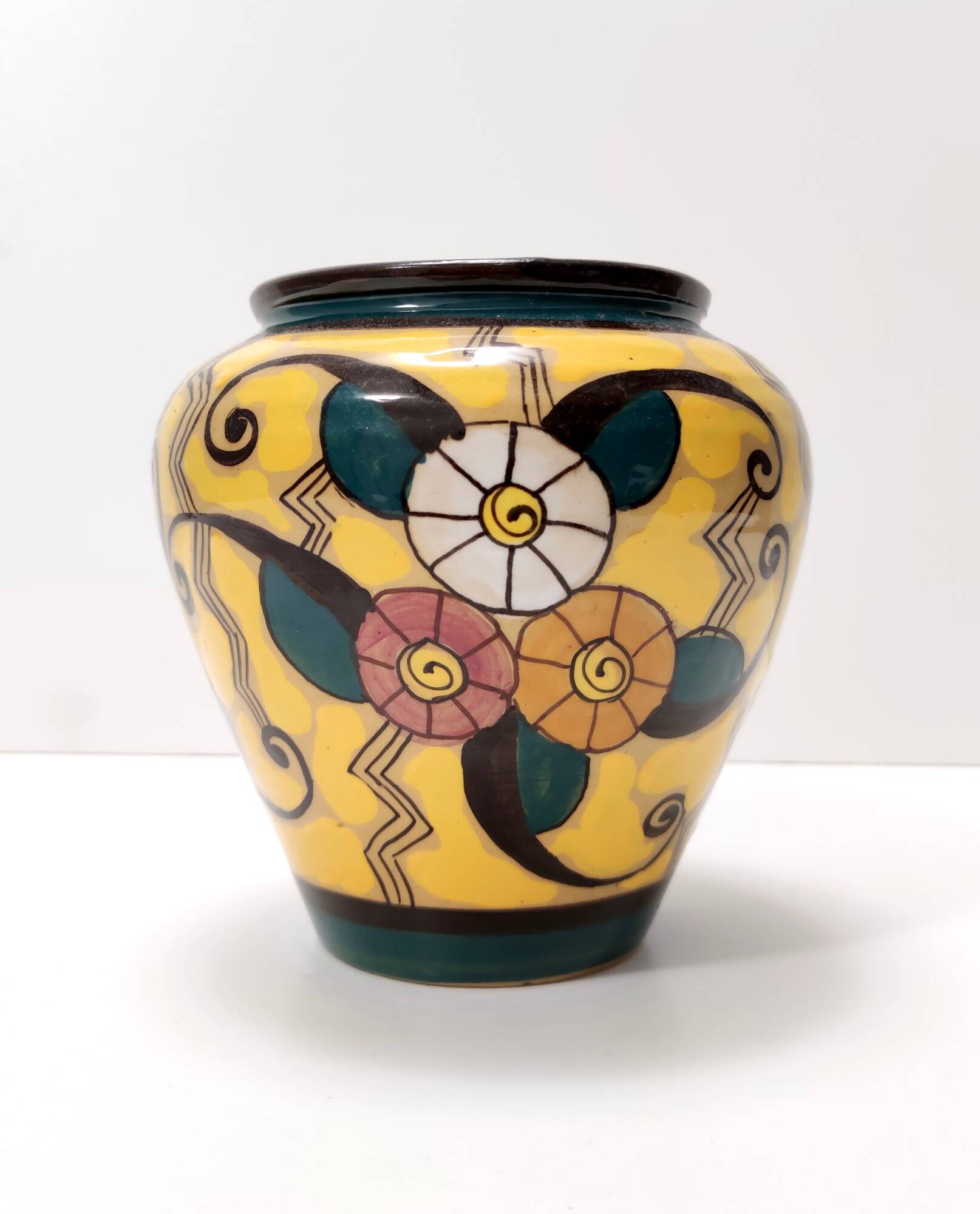 Futurist Yellow Glazed Earthenware Vase with Floral Motifs, Italy
